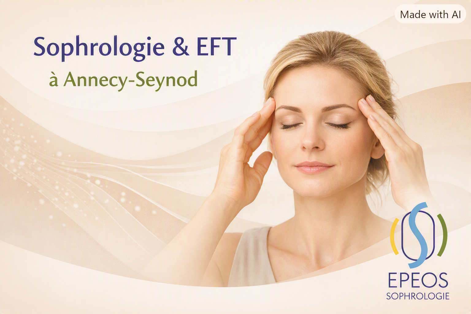 Visuel apaisant illustrant la sophrologie et l’EFT à Annecy‑Seynod, femme se tenant les tempes, accompagnement EPEOS.